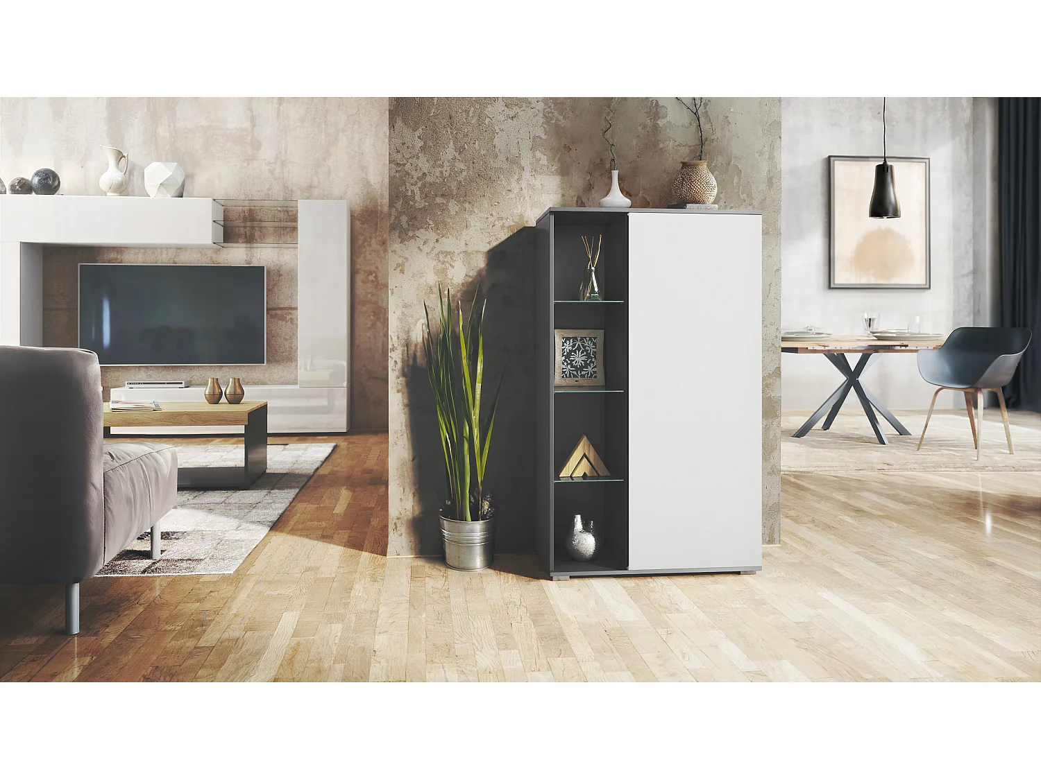 Vetrina Davos, vetrina indipendente con 3 ripiani in vetro e 8 vani, antracite opaco /bianco opaco  (71,5 x 134 x 35 cm)