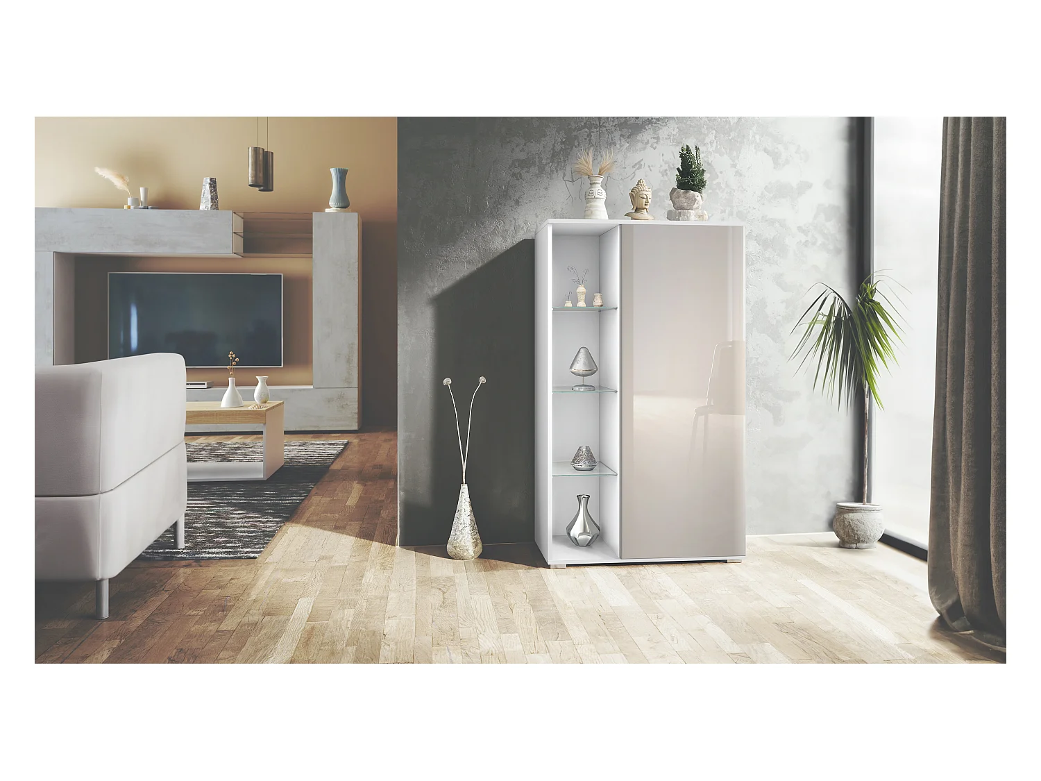 Vetrina Davos, vetrina indipendente con 3 ripiani in vetro e 8 vani, bianco opaco/grigio sabbia lucido  (71,5 x 134 x 35 cm)