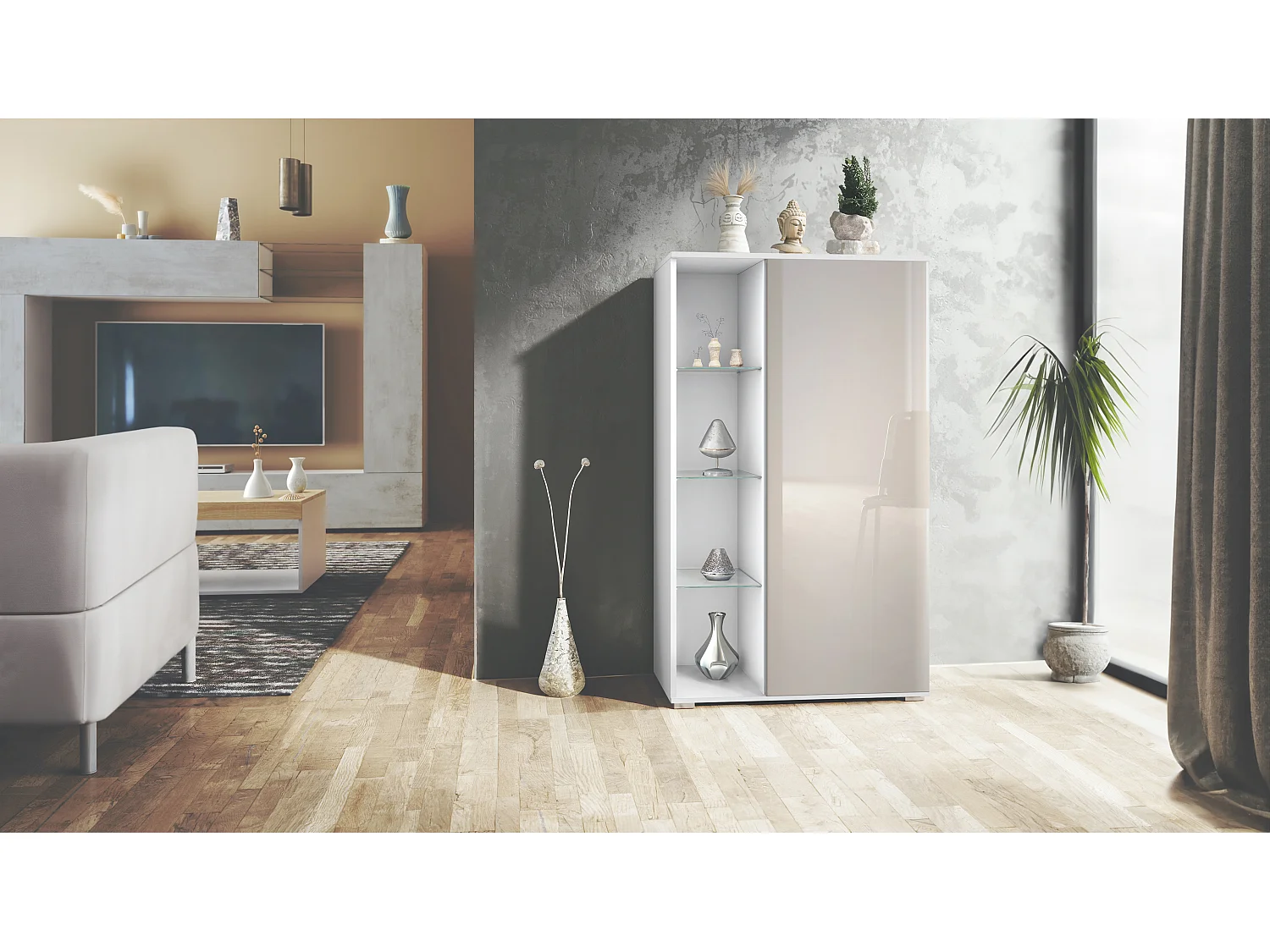 Vitrine Davos, vitrine sur pied avec 3 étagères en verre et 8 compartiments, blanc mat/gris sable haute brillance  (71,5 x 134 x 35 cm)