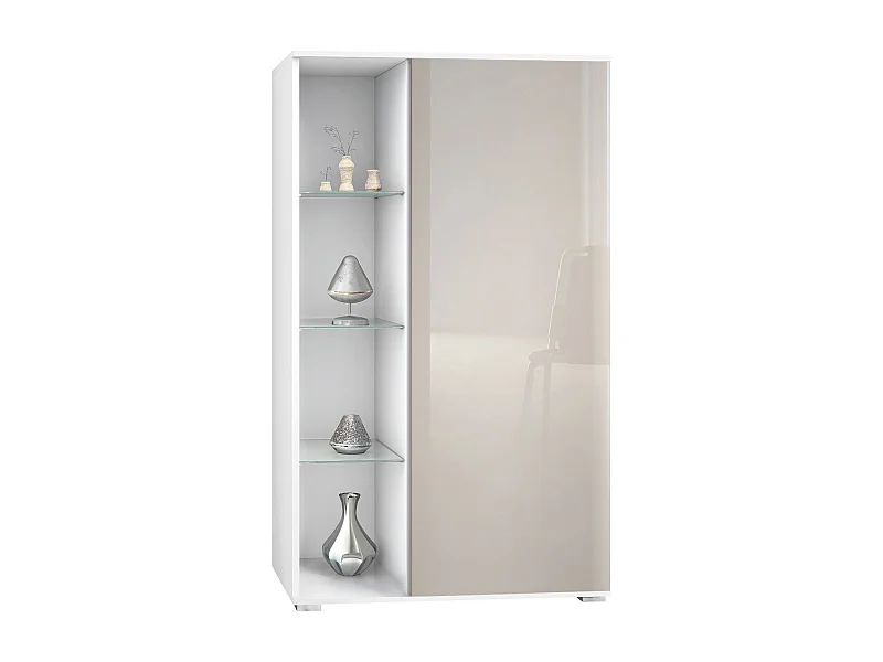 Vitrine Davos, vitrine sur pied avec 3 étagères en verre et 8 compartiments, blanc mat/gris sable haute brillance  (71,5 x 134 x 35 cm)
