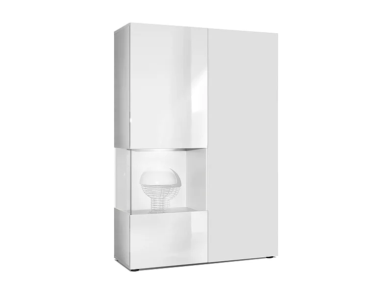 Vitrina Cómoda Morena, cuerpo en blanco mate/ puerta derecha e inserción en blanco de alto brillo con iluminación LED