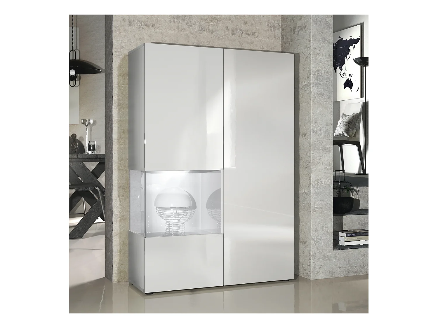 Vitrine Armoire Morena, Corps en Blanc mat / Porte droite et insert en Blanc haute brillance avec éclairage LED