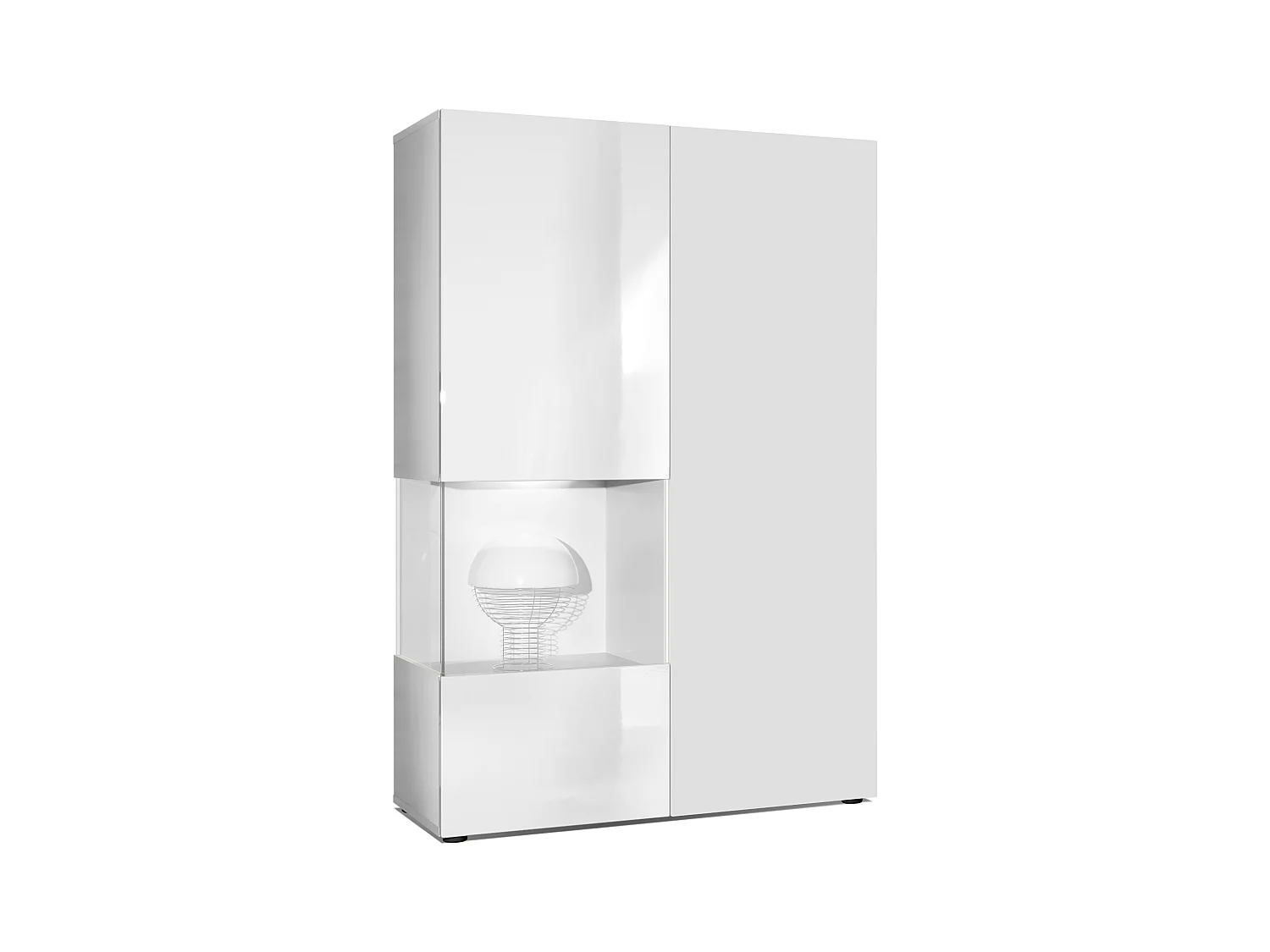 Vitrina Cómoda Morena, cuerpo en blanco mate/ puerta derecha e inserción en blanco de alto brillo con iluminación LED