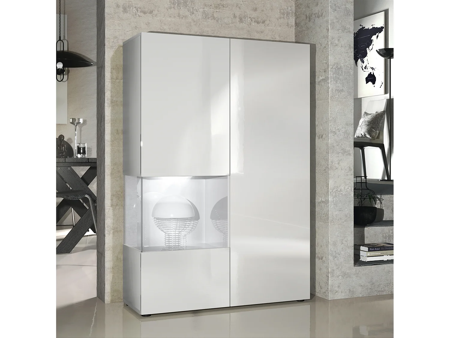 Vitrine Armoire Morena, Corps en Blanc mat / Porte droite et insert en Blanc haute brillance avec éclairage LED