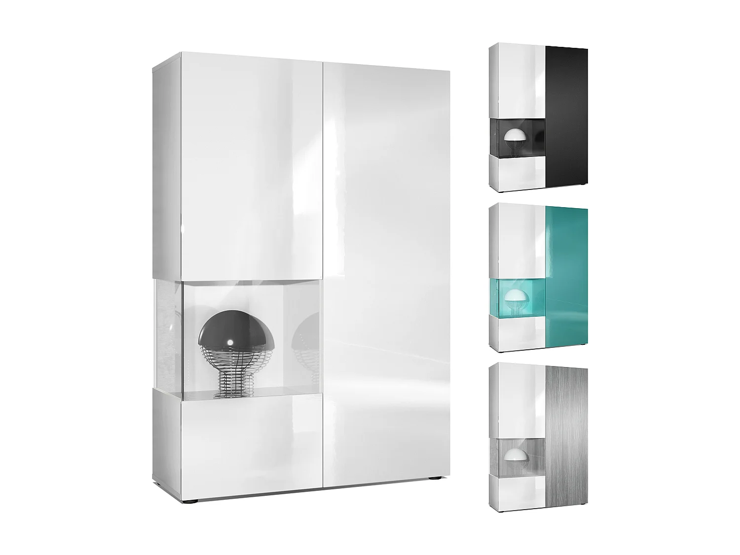 Vitrine Armoire Morena, Corps en Blanc mat / Porte droite et insert en Blanc haute brillance avec éclairage LED