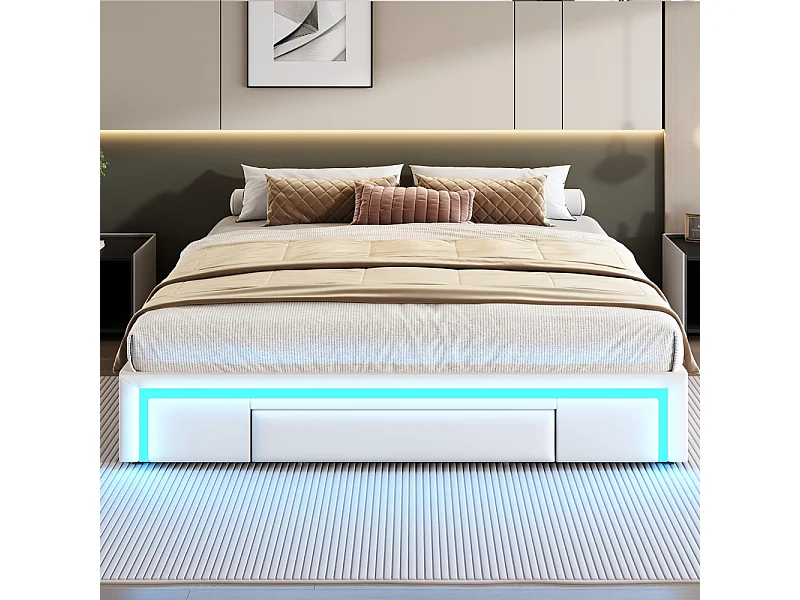 Lit adulte 180 x 200 cm, avec tiroirs, revêtement en cuir PU, sans tête de lit, bande LED,Beige