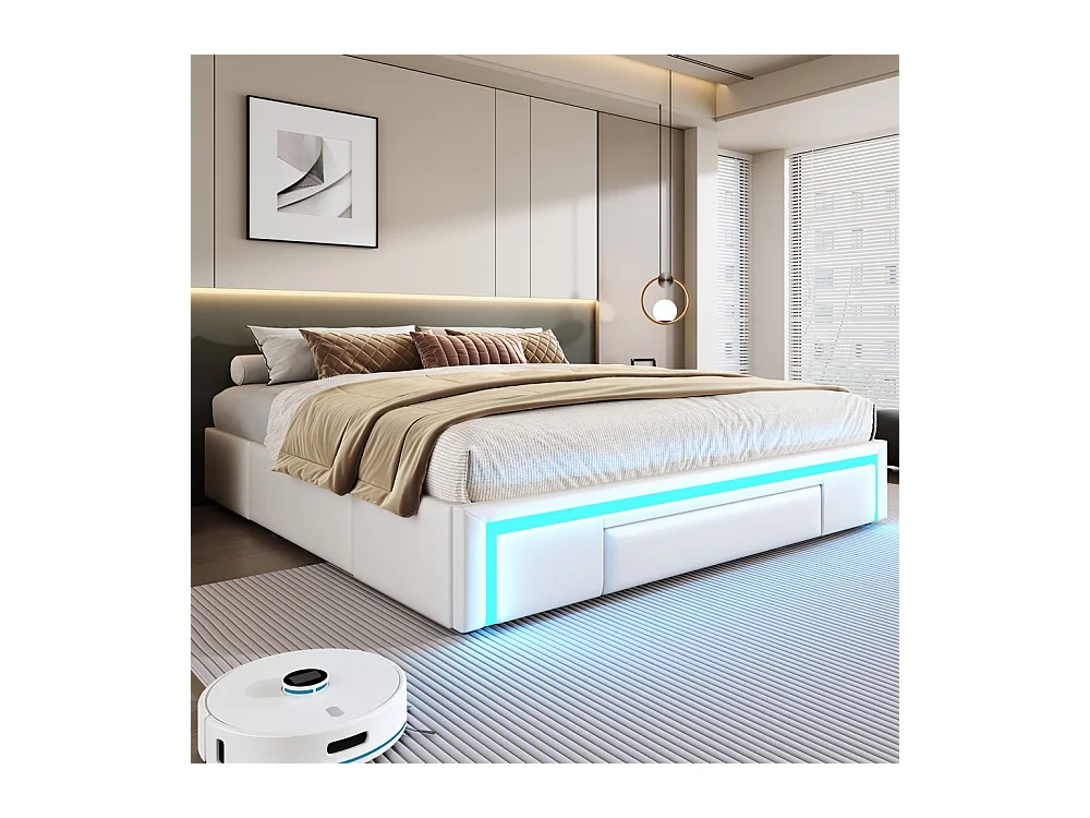 Volwassenenbed 180 x 200 cm, met lades, bekleed met PU-leer, zonder hoofdeinde, ledstrip, beige