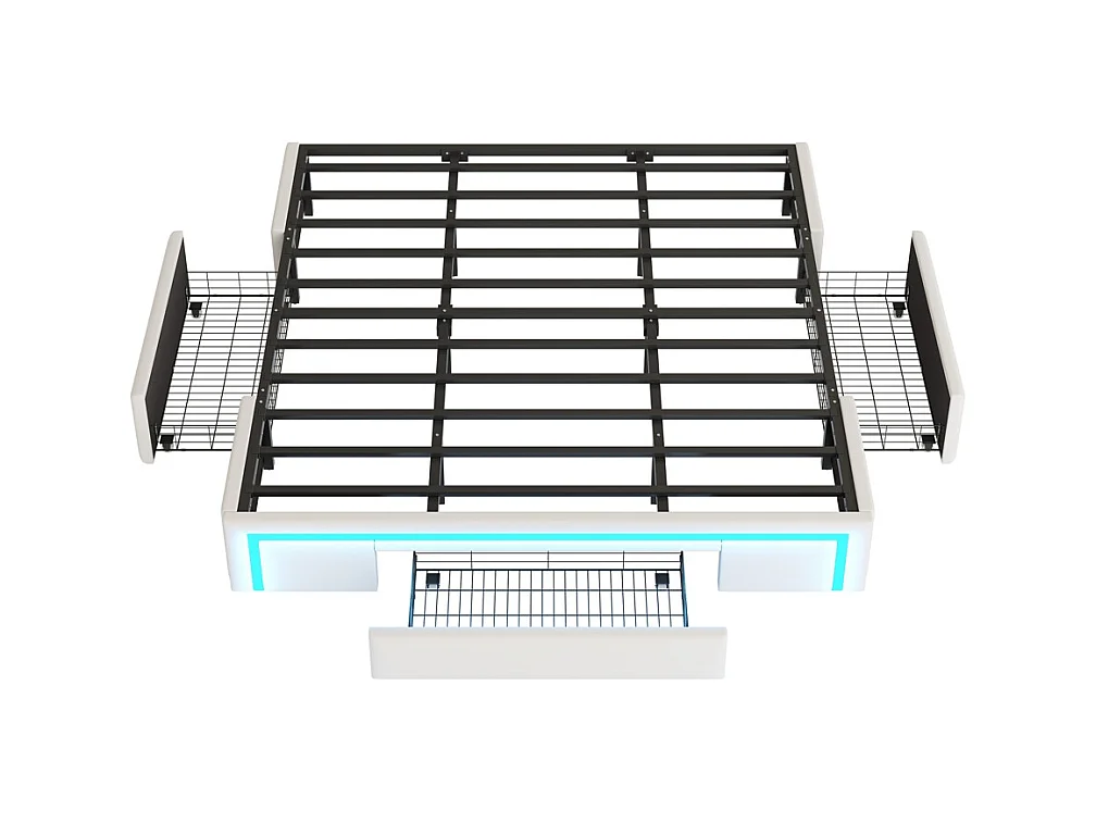 Volwassenenbed 180 x 200 cm, met lades, bekleed met PU-leer, zonder hoofdeinde, ledstrip, beige