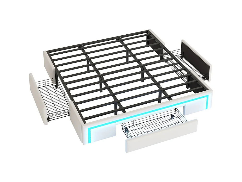 Volwassenenbed 180 x 200 cm, met lades, bekleed met PU-leer, zonder hoofdeinde, ledstrip, beige