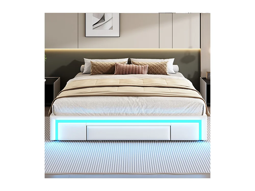 Lit adulte 180 x 200 cm, avec tiroirs, revêtement en cuir PU, sans tête de lit, bande LED,Beige