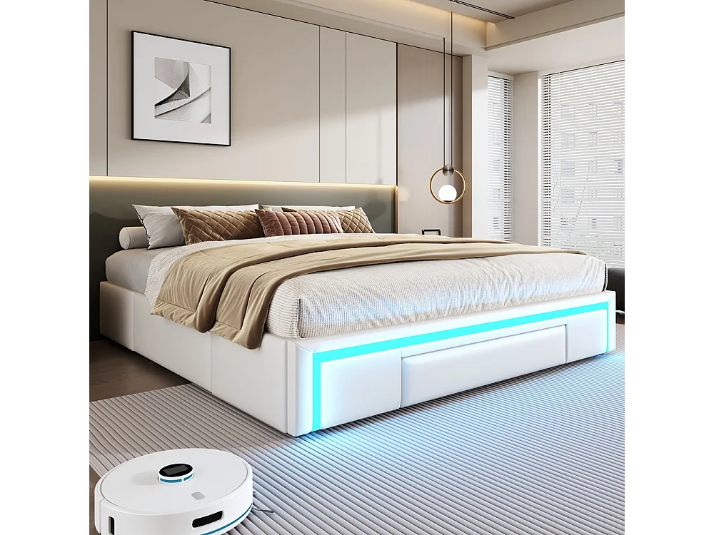 Lit adulte 180 x 200 cm, avec tiroirs, revêtement en cuir PU, sans tête de lit, bande LED,Beige