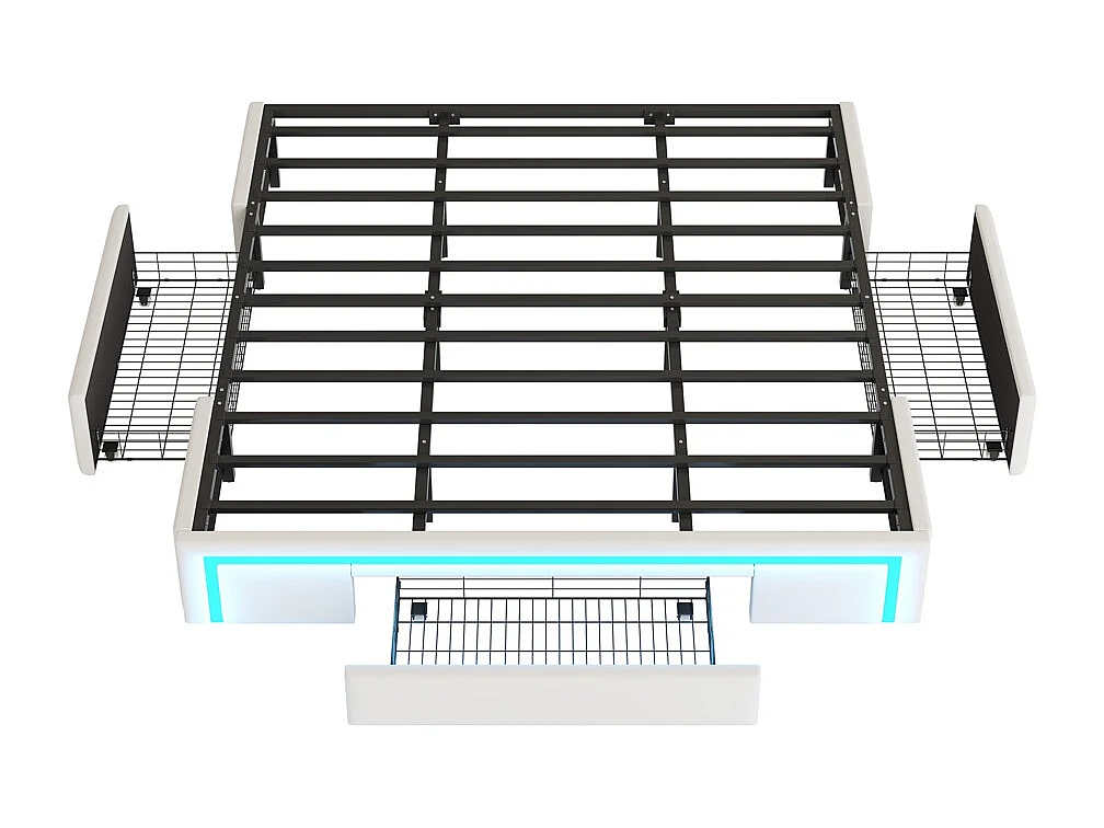 Lit adulte 180 x 200 cm, avec tiroirs, revêtement en cuir PU, sans tête de lit, bande LED,Beige