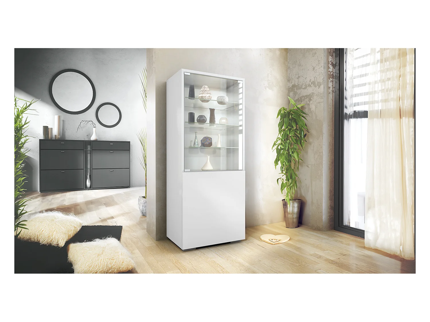 Vitrine Granada, Armoire Vitrée Made in Germany, avec Porte en Verre et Insert en Verre, blanc mat/blanc mat (50 x 122,5 x 34,5 cm)