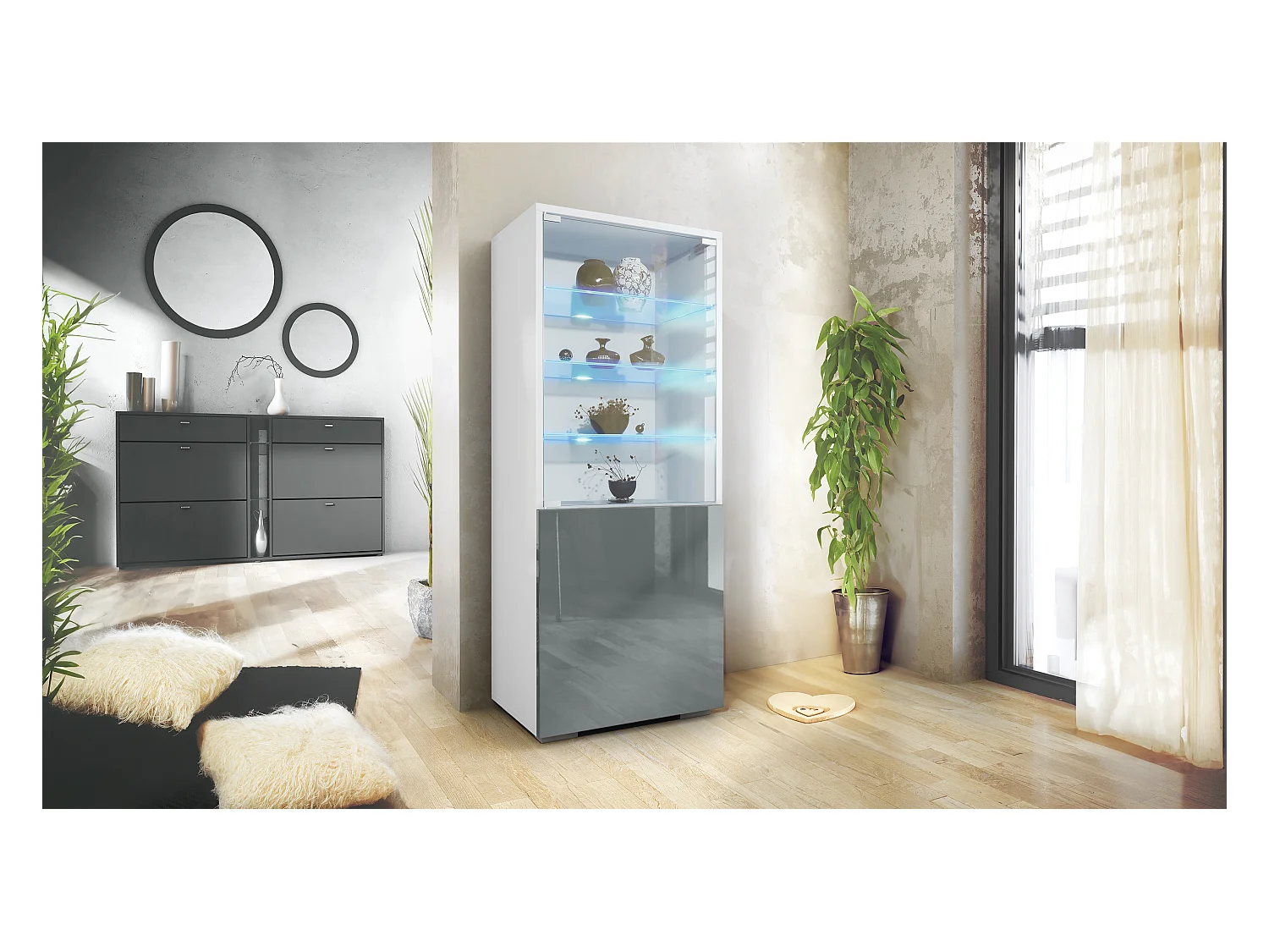 Vitrine Granada de , Armoire Vitrée Made in Germany avec Porte en Verre et Insert en Verre y compris LED, blanc mat/gris brillant (50 x 122,5 x 34,5 cm)