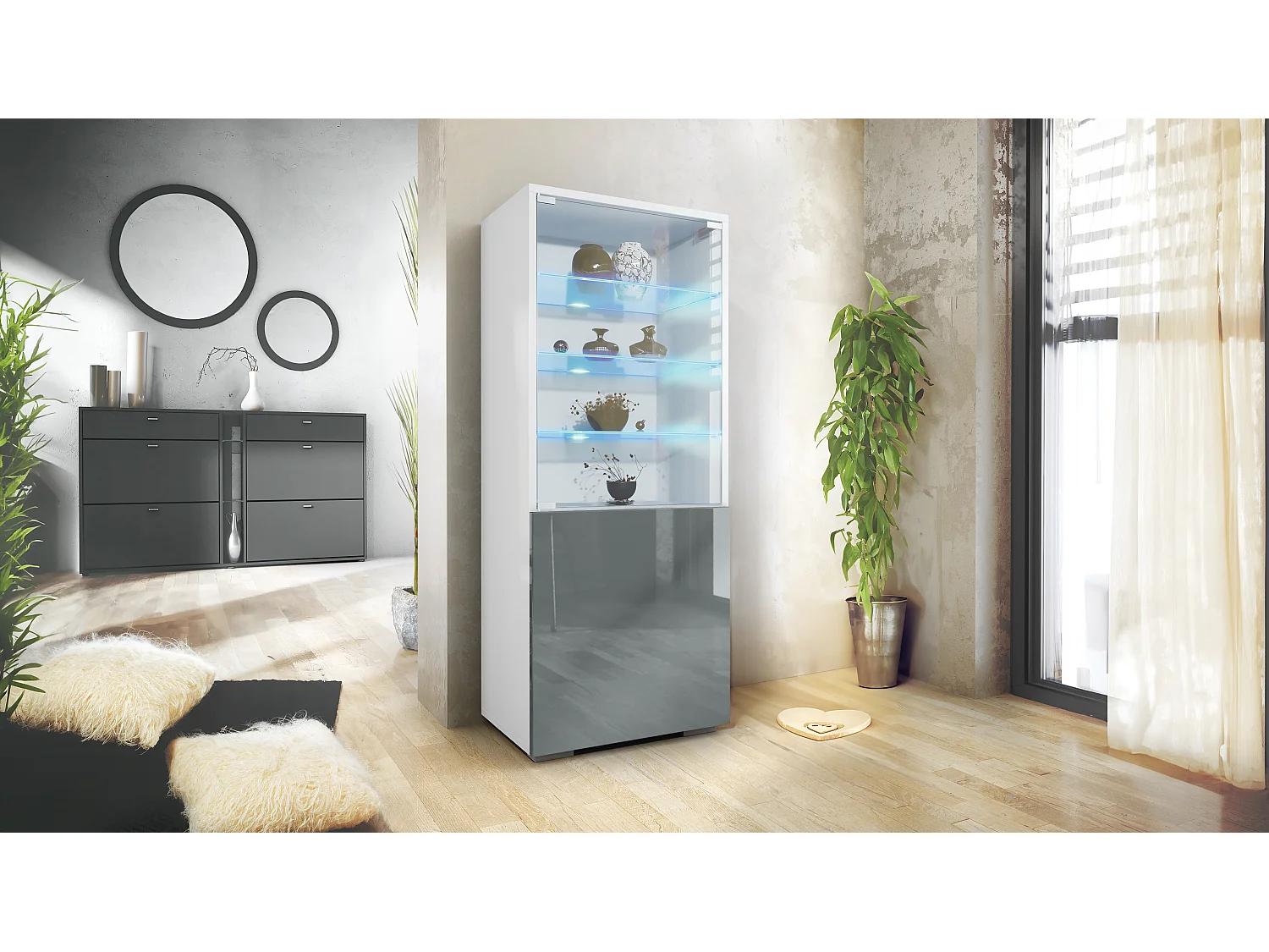 Vetrina Granada di Vladon, Armadio Vetrina Made in Germany con Porta in Vetro e Inserto in Vetro incl. LED, bianco opaco/grigio lucido (50 x 122,5 x 34,5 cm)