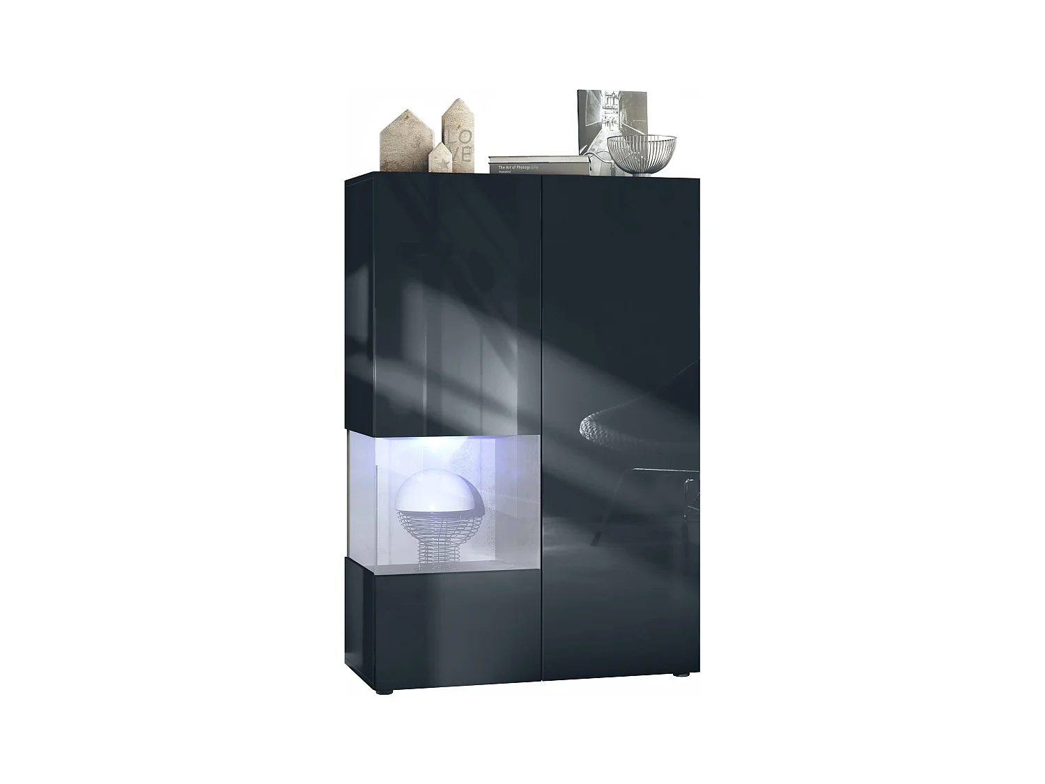 Vitrine Morena V2, vitrine sur pied avec 2 portes et insert en verre, corps noir mat, façades noir brillant, Cube aspect béton oxyde avec éclairage LED blanc