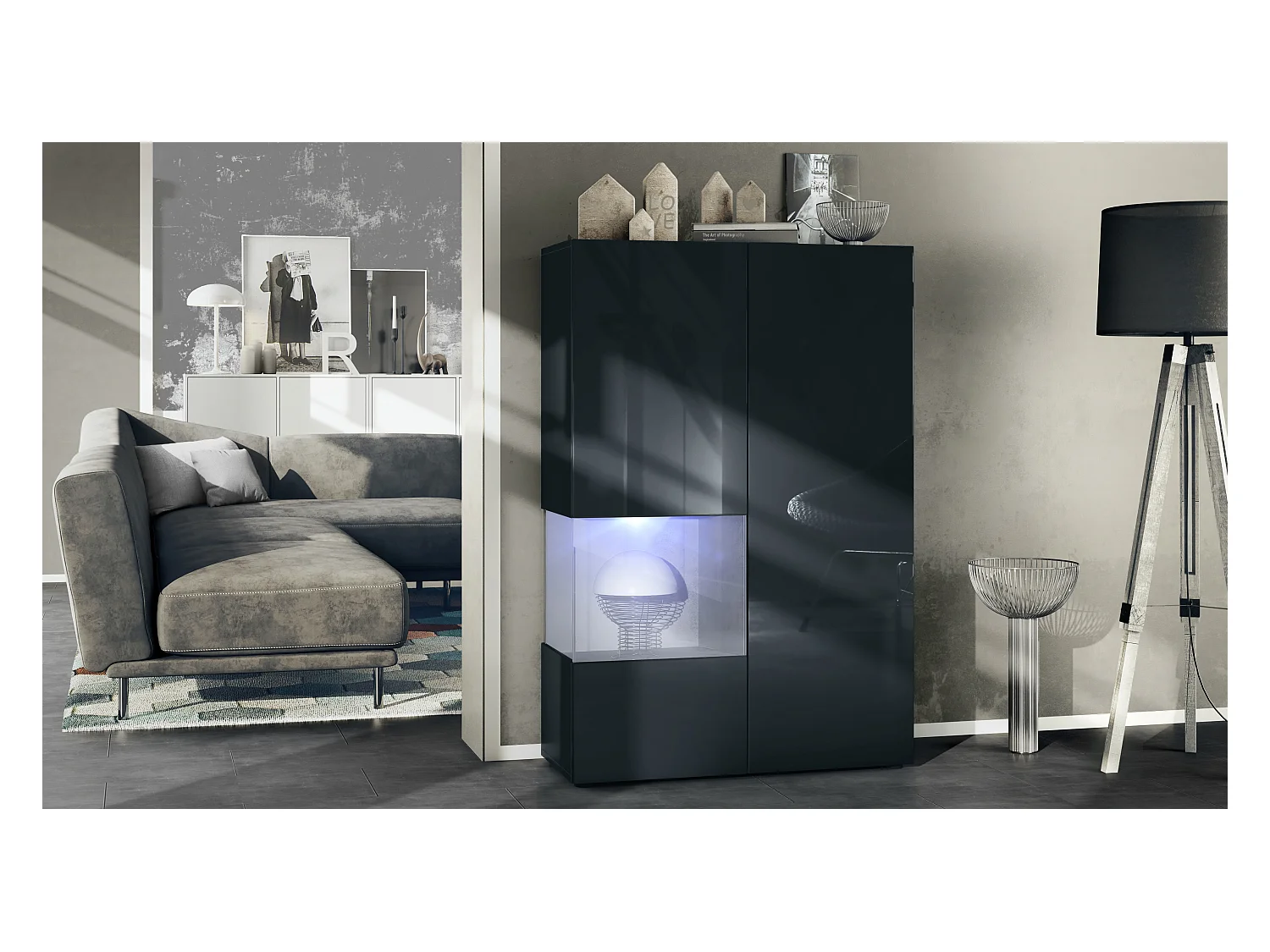Vitrine Morena V2, vitrine sur pied avec 2 portes et insert en verre, corps noir mat, façades noir brillant, Cube aspect béton oxyde avec éclairage LED blanc
