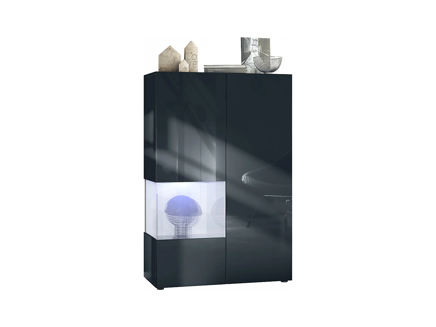 Vitrine Morena V2, vitrine sur pied avec 2 portes et insert en verre, corps noir mat, façades noir brillant, Cube Blanc brillant avec éclairage LED blanc