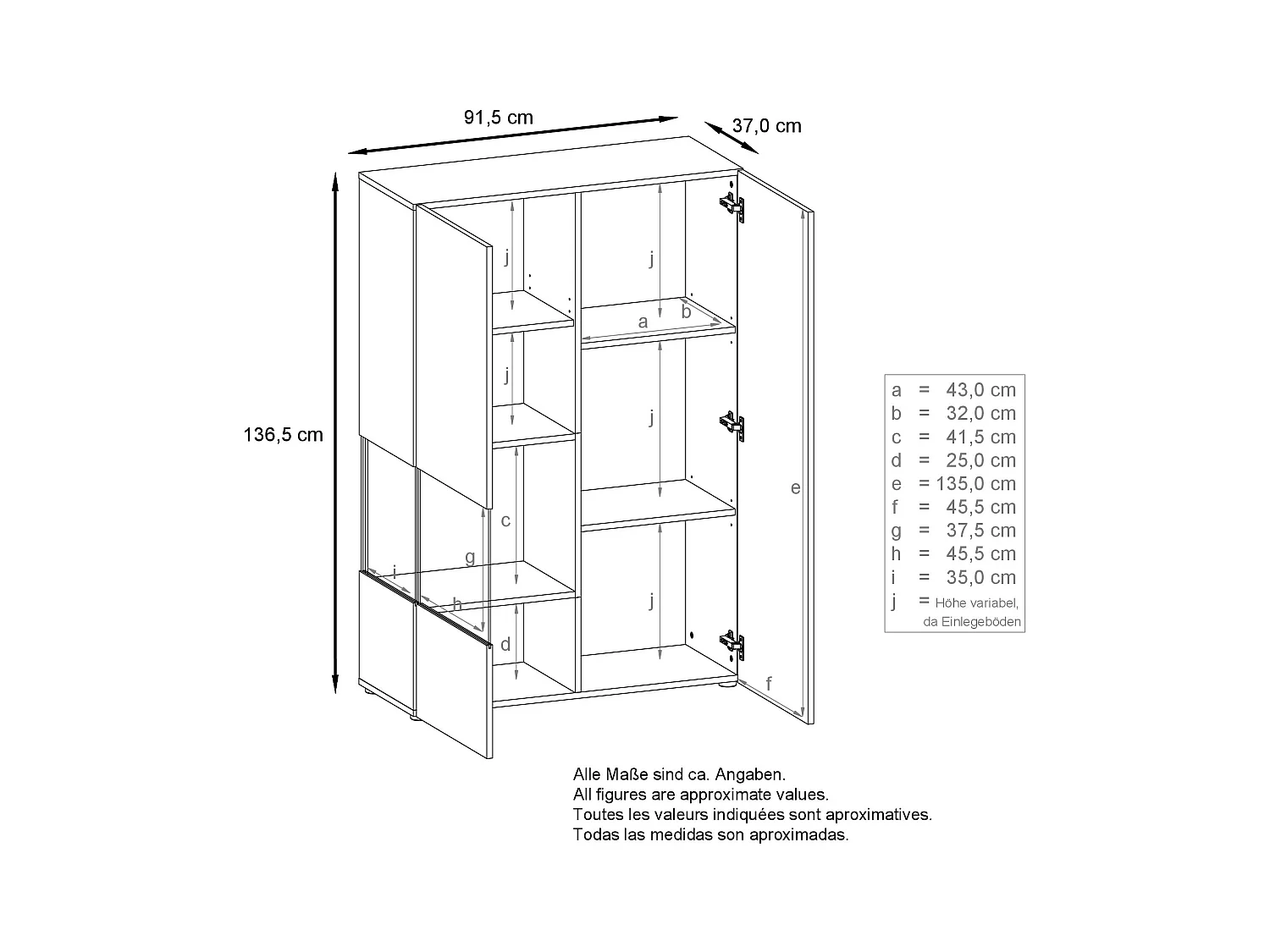 Vitrine Morena V2, vitrine sur pied avec 2 portes et insert en verre, corps noir mat, façades noir brillant, Cube Blanc brillant avec éclairage LED blanc