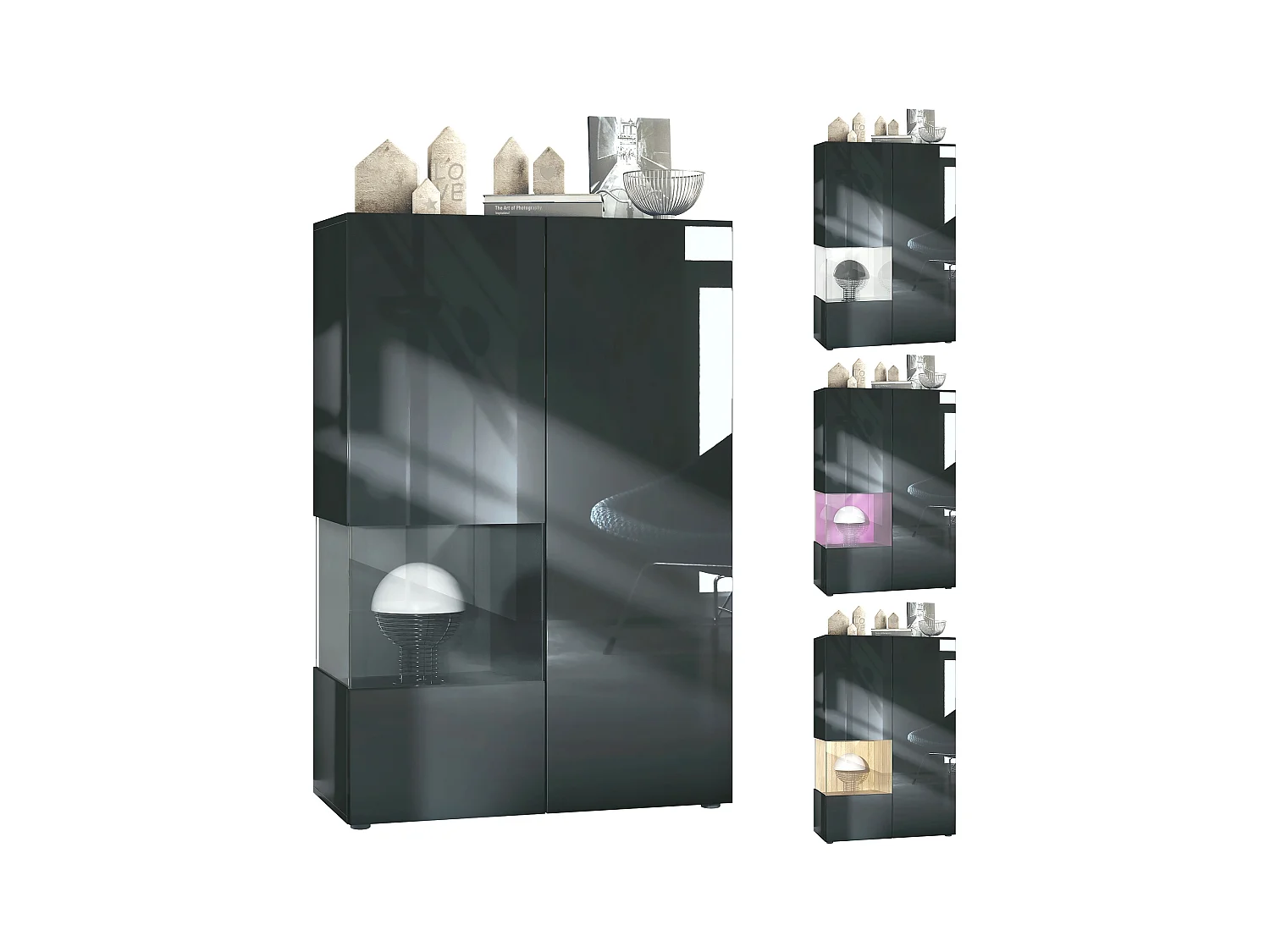 Vitrine Morena V2, vitrine sur pied avec 2 portes et insert en verre, corps noir mat, façades noir brillant, Cube Blanc brillant avec éclairage LED blanc