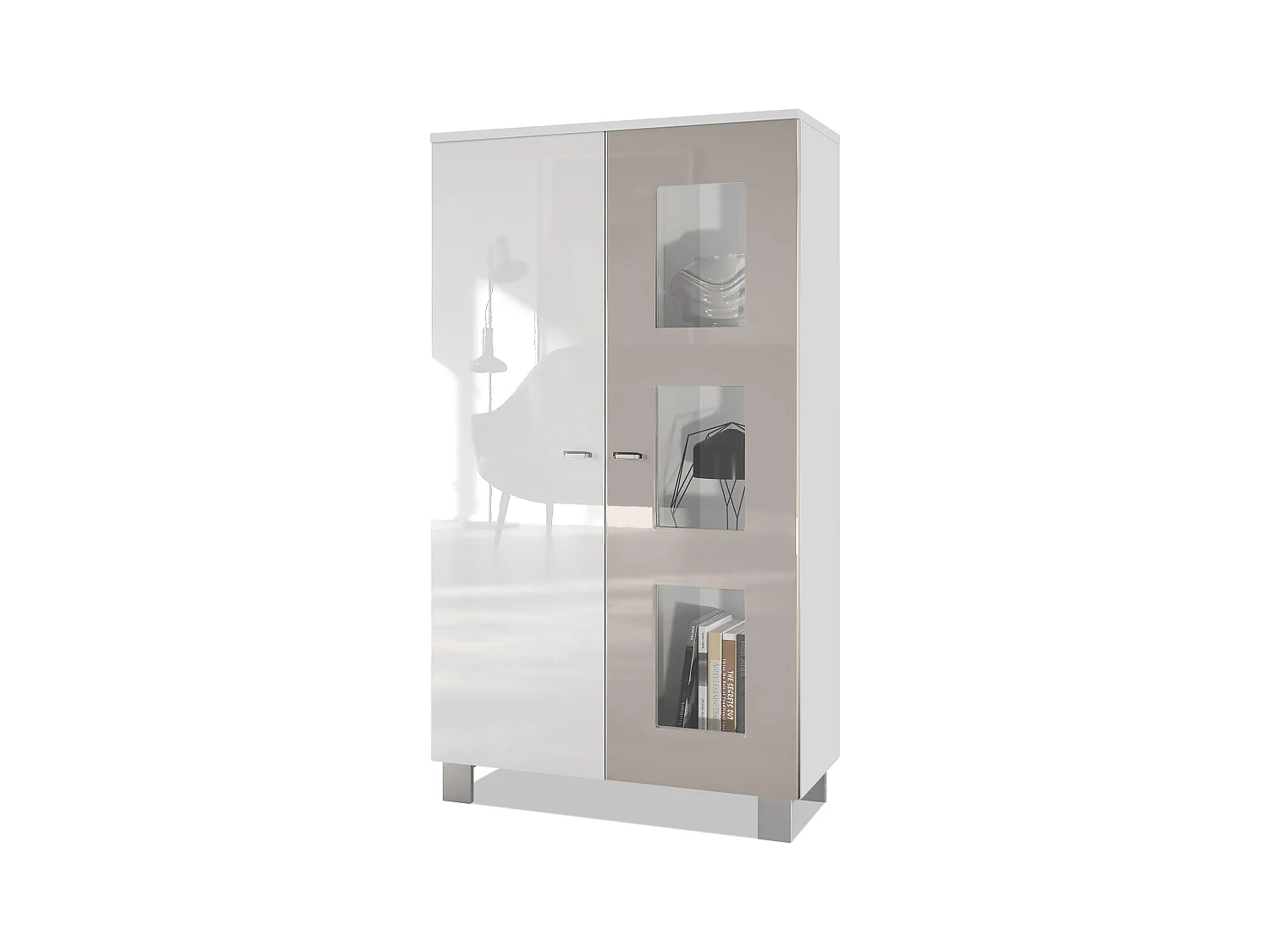Vitrine de salon Denjo, Vitrine sur pied avec 2 portes et 3 vitres, Blanc mat/Blanc haute brillance/Gris sable haute brillance (71 x 129 x 35 cm)