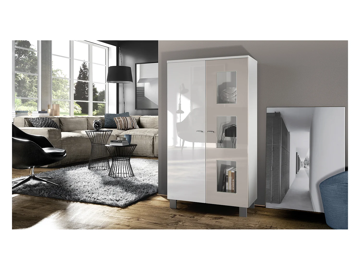 Vitrine de salon Denjo, Vitrine sur pied avec 2 portes et 3 vitres, Blanc mat/Blanc haute brillance/Gris sable haute brillance (71 x 129 x 35 cm)