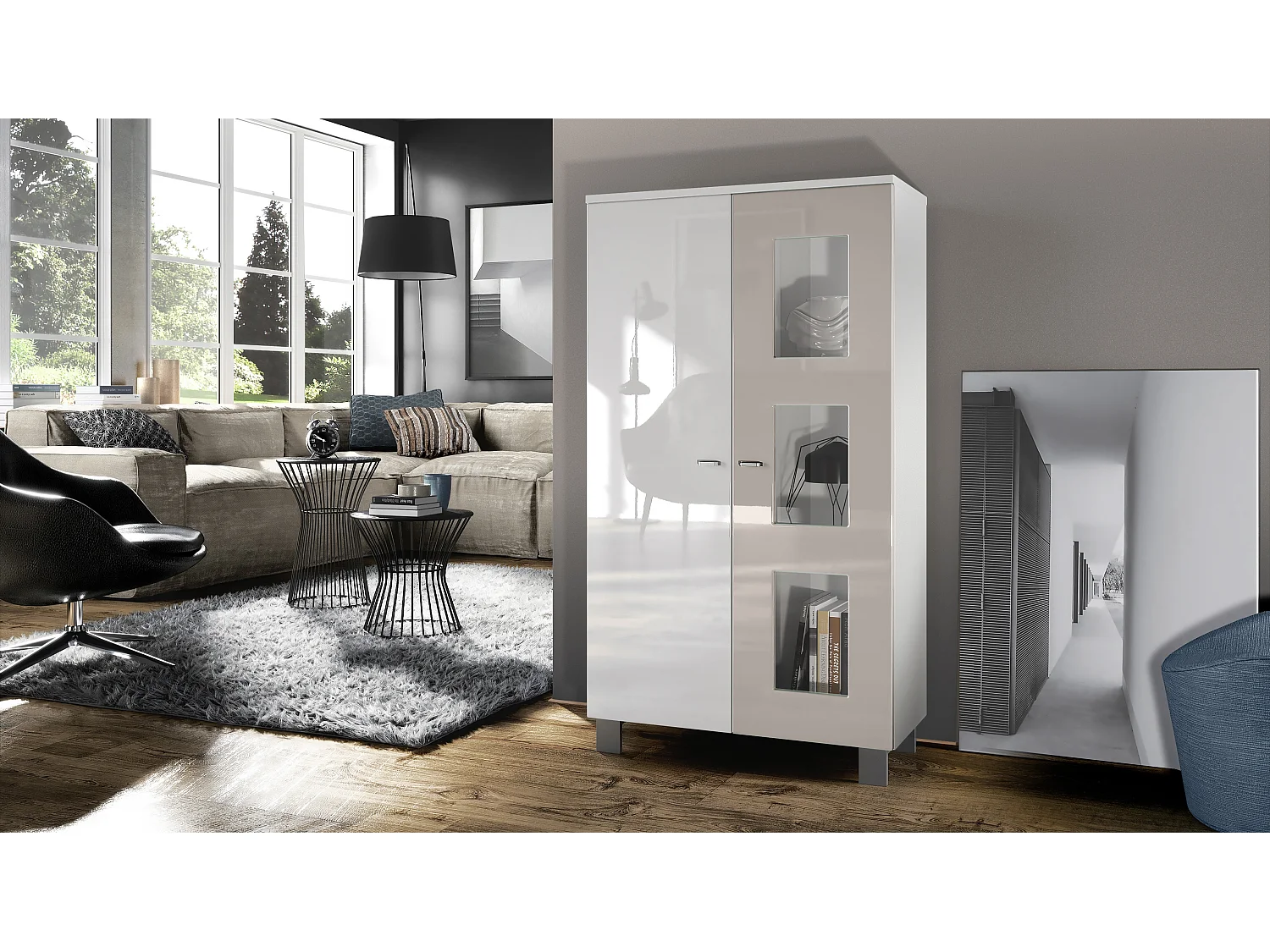 Vetrina  Denjo, vetrina indipendente con 2 ante e 3 pannelli in vetro, bianco opaco/bianco lucido/grigio sabbia lucido