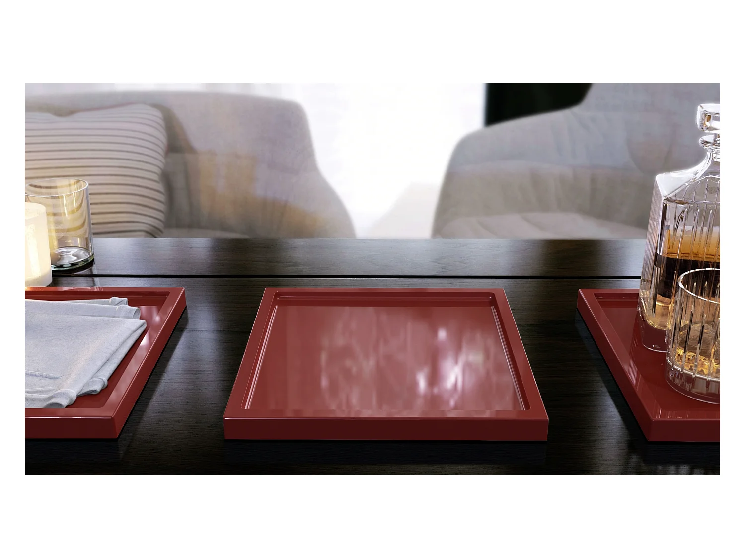 Décoration de table Maya, Plateau rectangulaire décoratif et moderne, Bordeaux haute brillance, 2 pièces (20 x 1,8 x 20 cm)