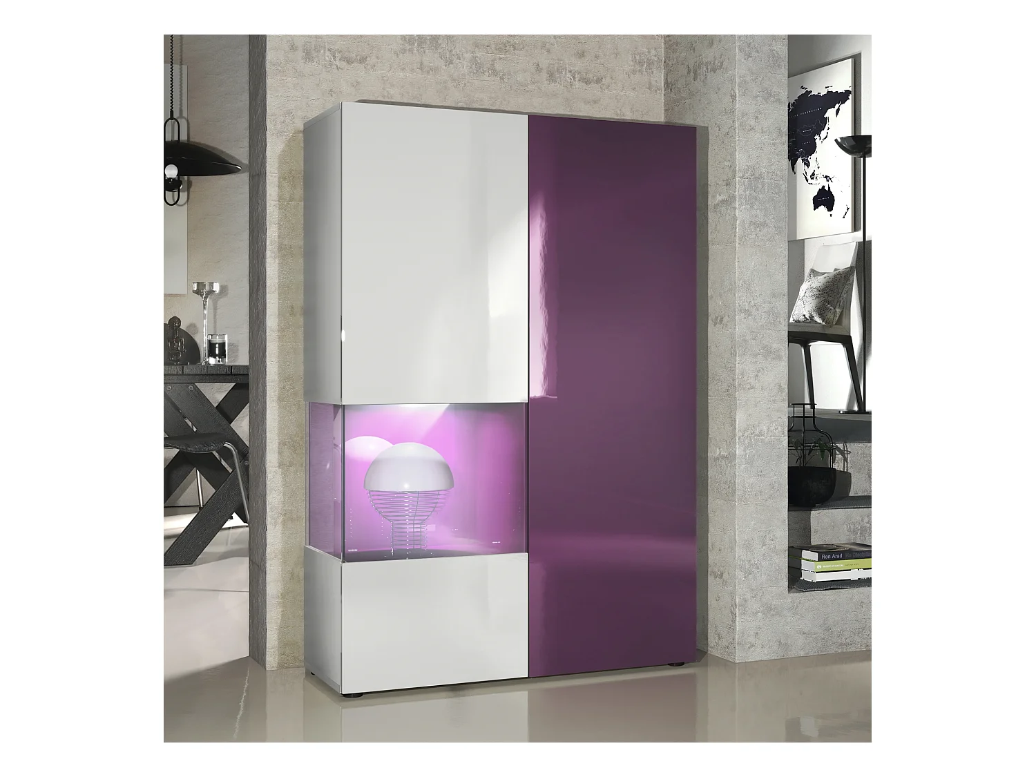 Vitrine Armoire Morena, Corps en Blanc mat / Porte droite et insert en Mûre haute brillance avec éclairage LED