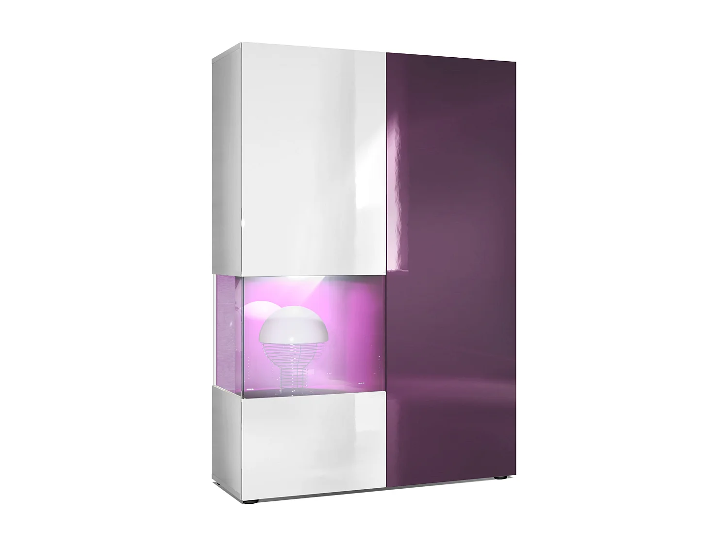 Armadio espositivo alto Morena, struttura in bianco opaco / anta destra e inserto in violetto-porpora con illuminazione a LED