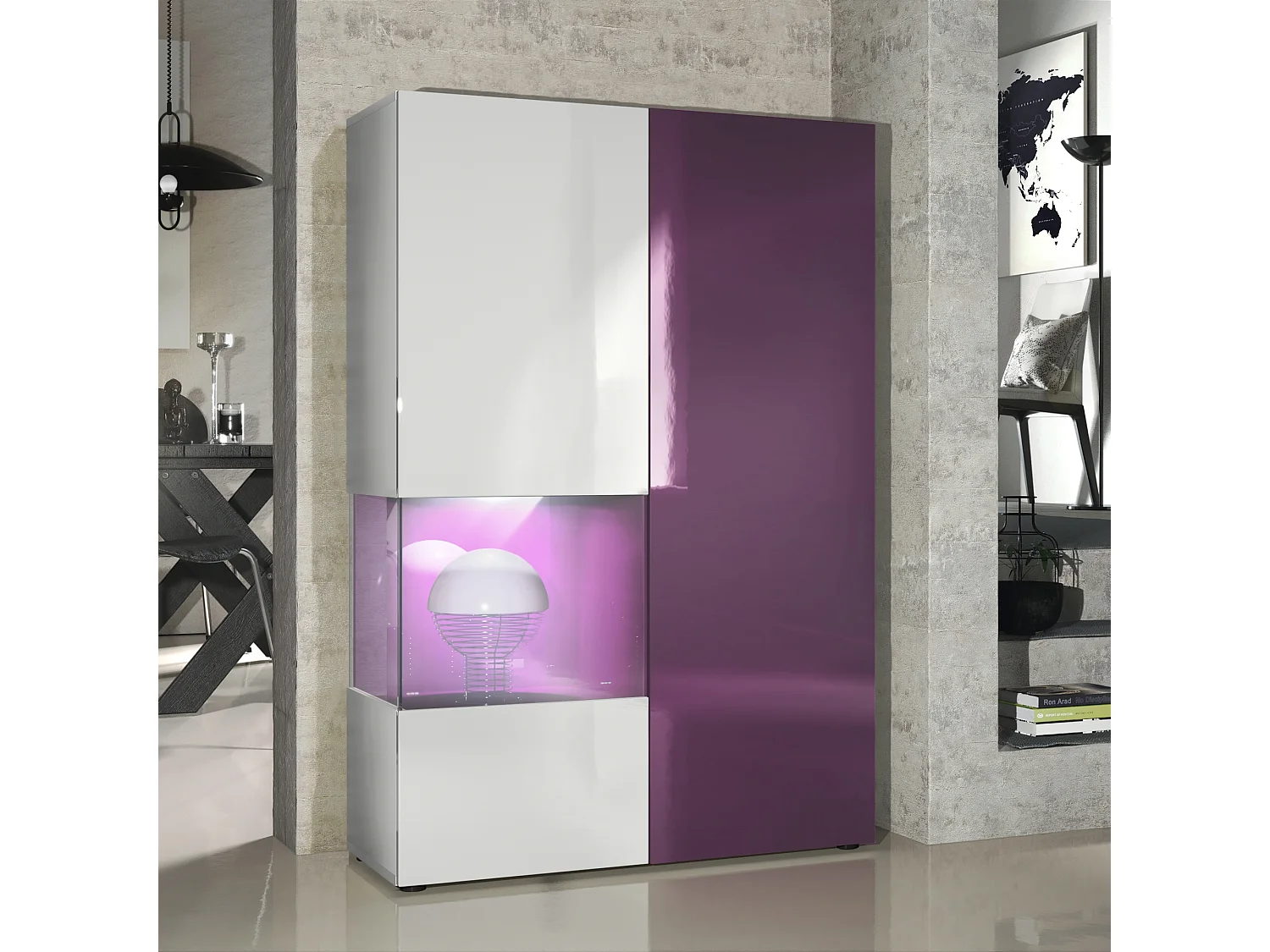 Armadio espositivo alto Morena, struttura in bianco opaco / anta destra e inserto in violetto-porpora con illuminazione a LED
