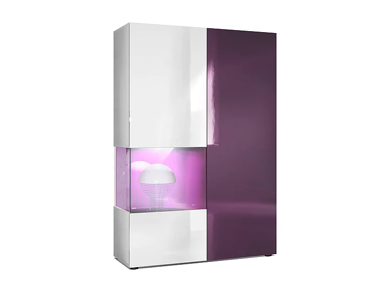 Armadio espositivo alto Morena, struttura in bianco opaco / anta destra e inserto in violetto-porpora con illuminazione a LED