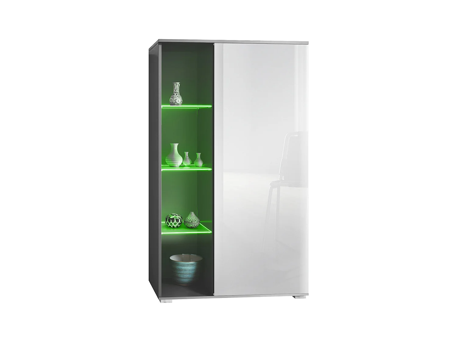 Vitrine Davos, vitrine sur pied avec 3 étagères en verre et 8 compartiments y compris LED, anthracite mat/blanc haute brillance  (71,5 x 134 x 35 cm)