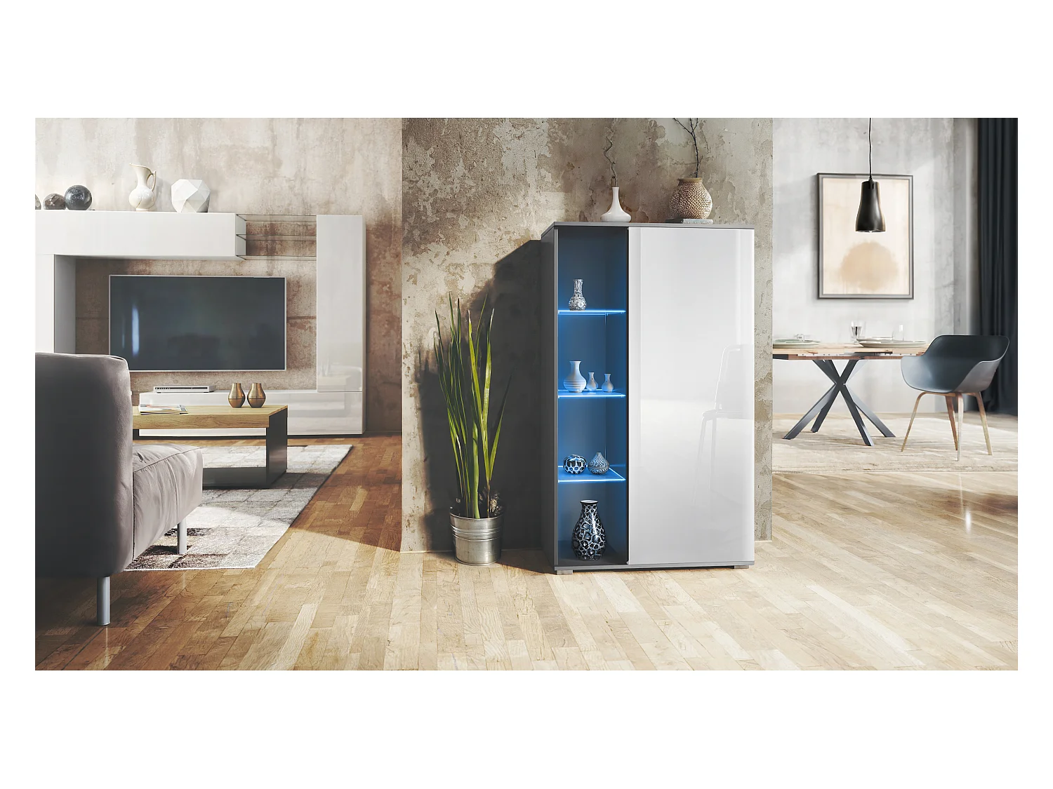 Vitrine Davos, vitrine sur pied avec 3 étagères en verre et 8 compartiments y compris LED, anthracite mat/blanc haute brillance  (71,5 x 134 x 35 cm)