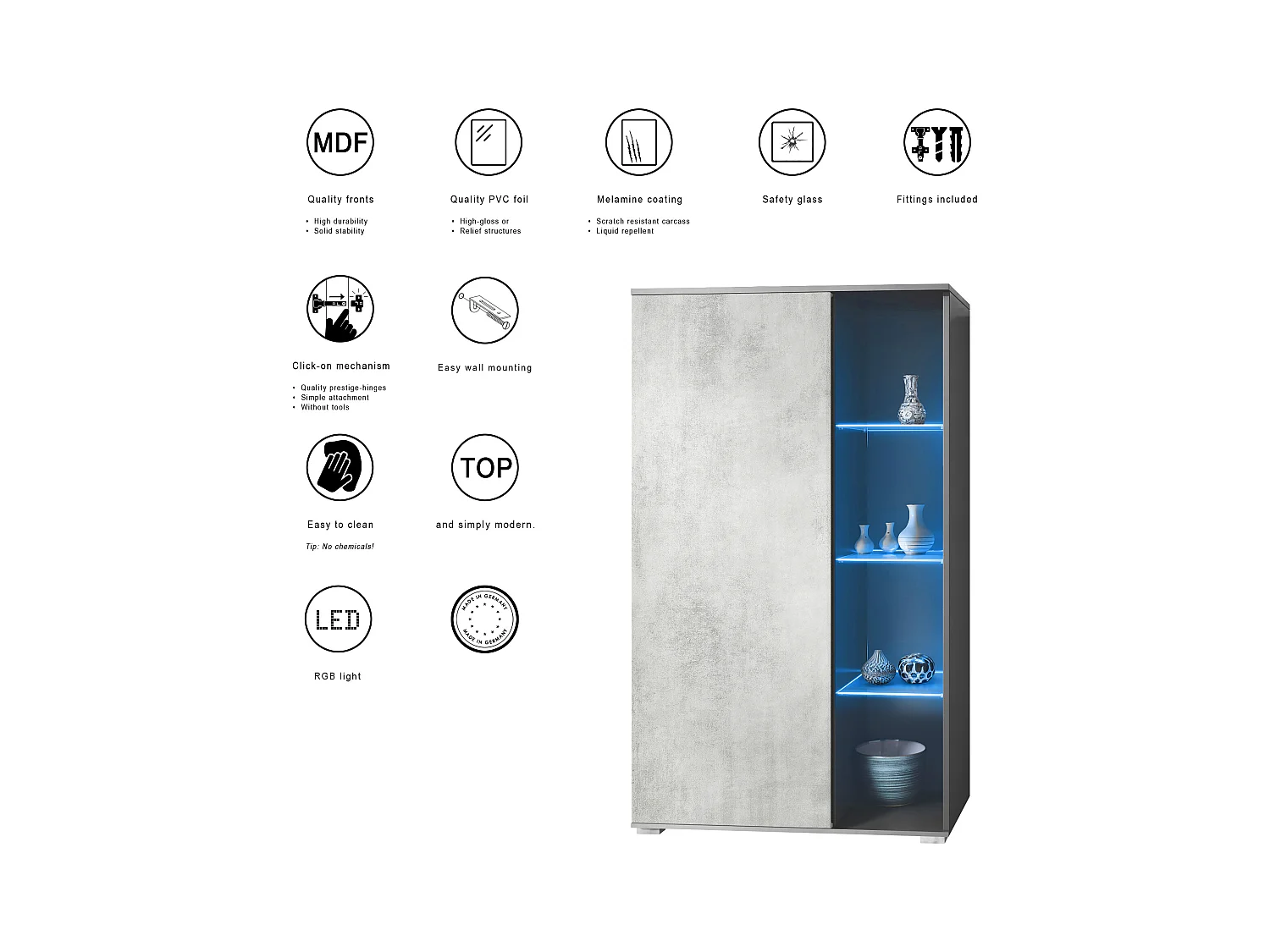Vitrine Davos, vitrine sur pied avec 3 étagères en verre et 8 compartiments y compris LED, anthracite mat/blanc haute brillance  (71,5 x 134 x 35 cm)