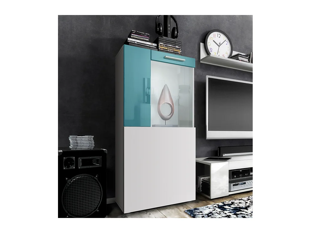 Vitrine de cinéma, blanc mat/turquoise haute brillance - Vitrine moderne en verre - (LxHxP) : 50,5 x 111 x 32,5 cm