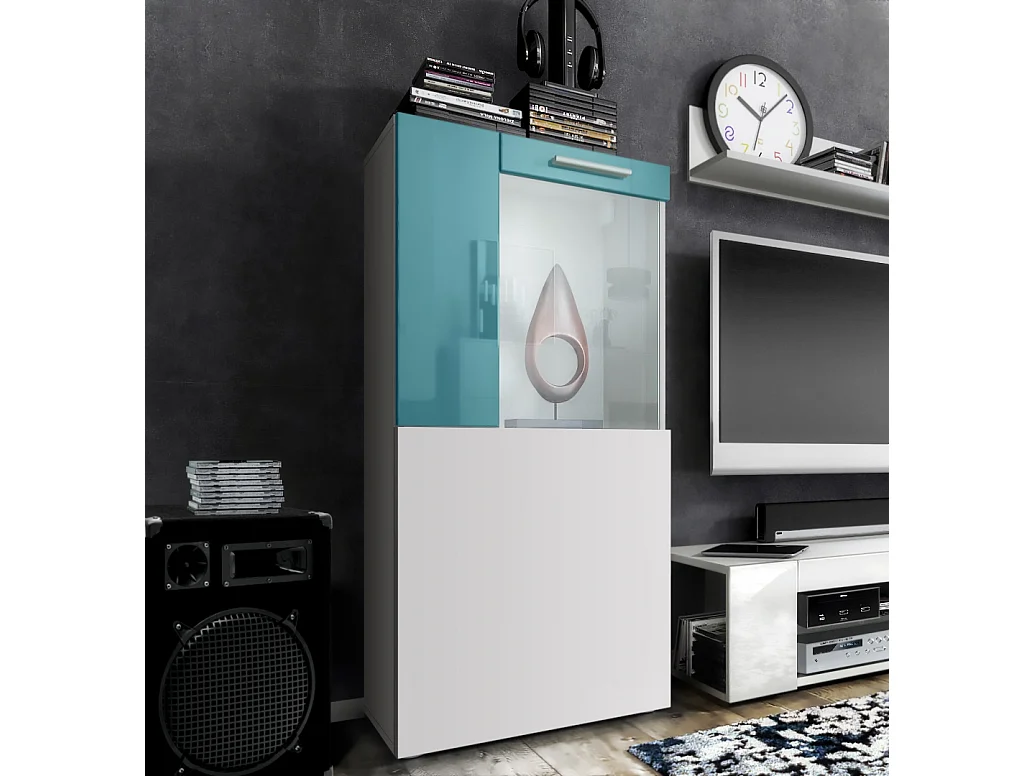 Vladon Vetrina Movie, bianco opaco/petrolio lucido - Vetrina moderna in vetro - (LxHxP): 50,5 x 111 x 32,5 cm