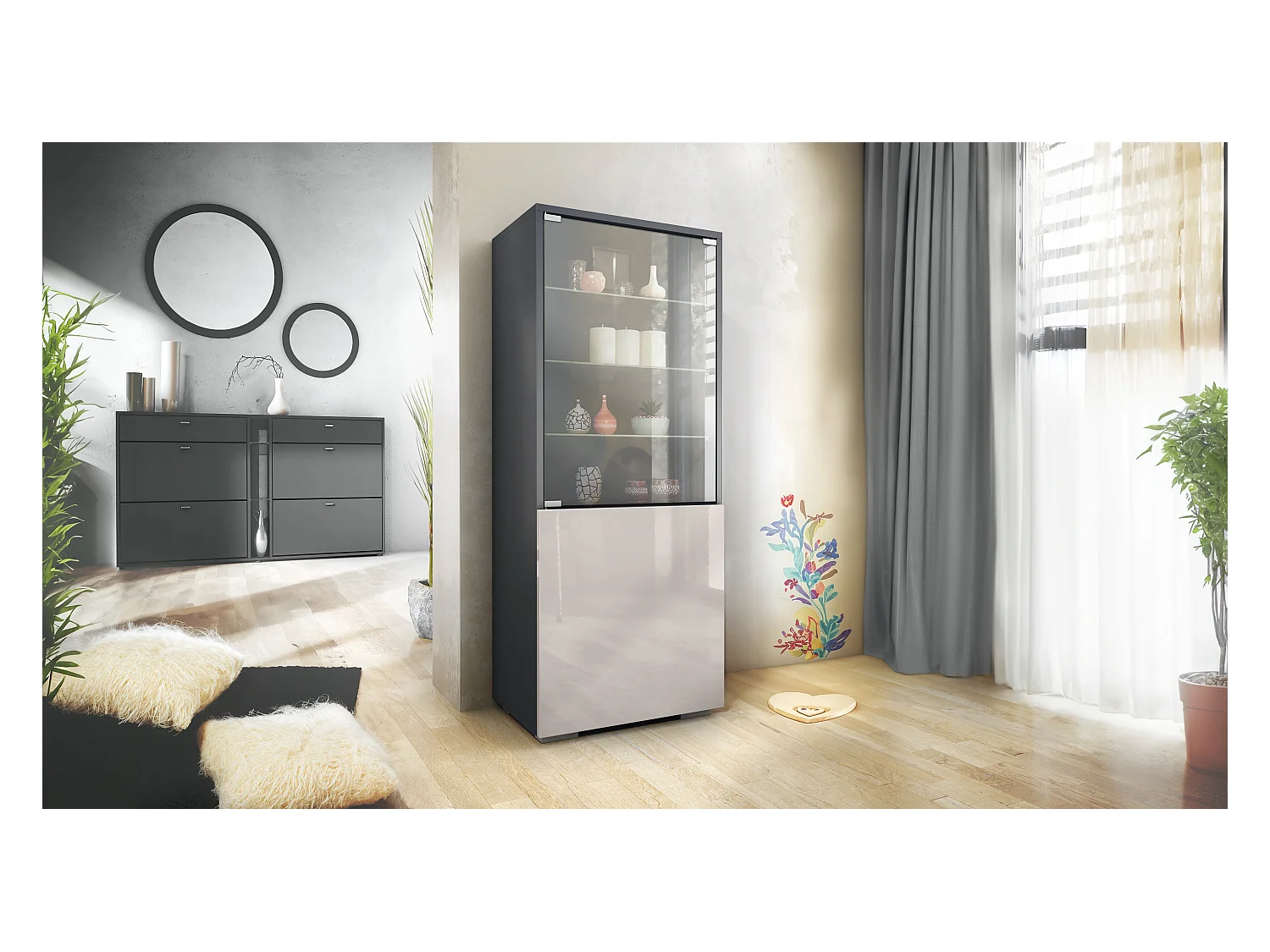 Vitrine Granada de , Armoire Vitrée Made in Germany avec Porte en Verre et Insert en Verre, anthracite mat/gris sable haute brillance (50 x 122,5 x 34,5 cm)