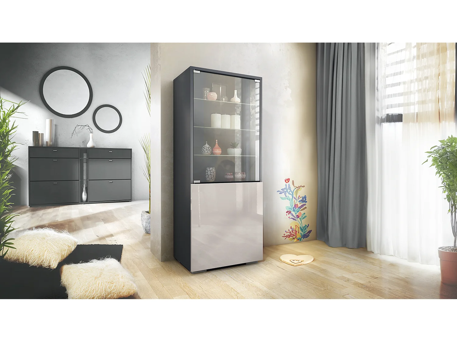 Vetrina Granada di Vladon, Armadio Vetrina Made in Germany con Porta in Vetro e Inserto in Vetro, antracite opaco /grigio sabbia lucido (50 x 122,5 x 34,5 cm)