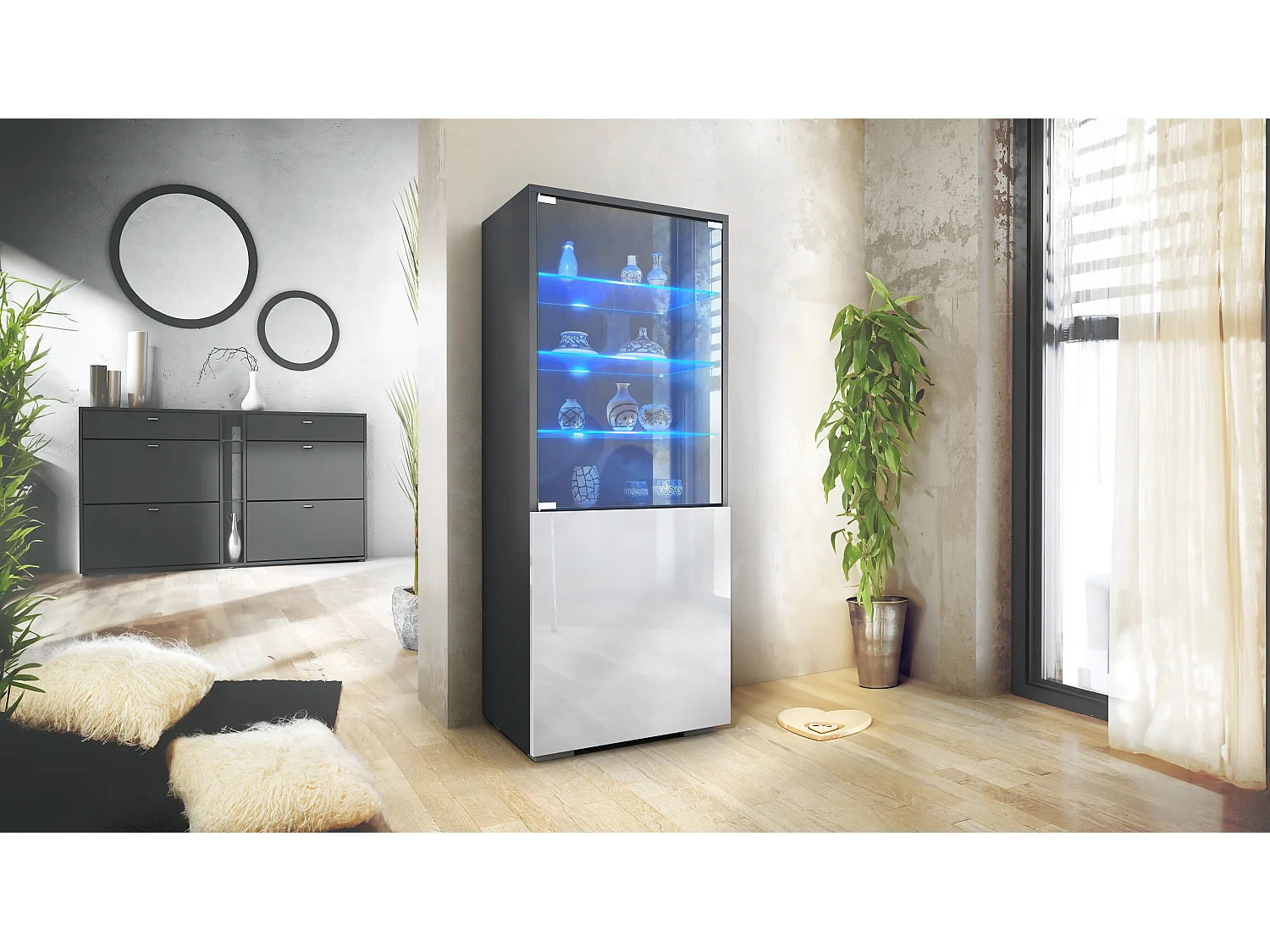 Vetrina Granada di Vladon, Armadio Vetrina Made in Germany con Porta in Vetro e Inserto in Vetro incl. LED, antracite opaco /bianco lucido (50 x 122,5 x 34,5 cm)