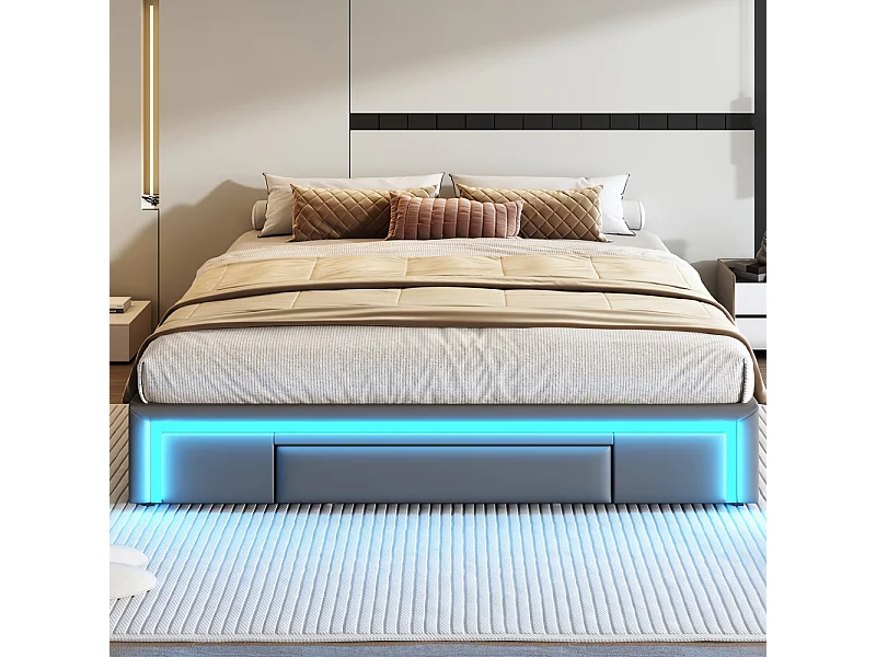 Erwachsenenbett 180 x 200 cm, mit Schubladen, PU-Lederbezug, ohne Kopfteil, LED-Streifen, grau