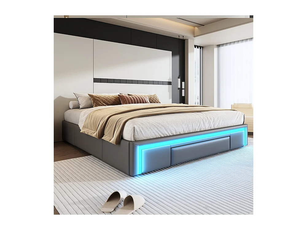 Volwassenenbed 180 x 200 cm, met lades, bekleed met PU-leer, zonder hoofdeinde, ledstrip, grijs