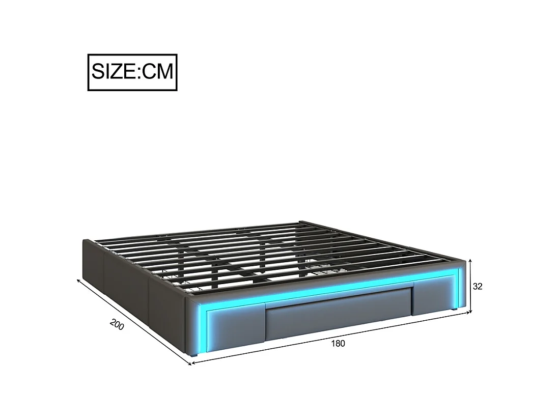 Volwassenenbed 180 x 200 cm, met lades, bekleed met PU-leer, zonder hoofdeinde, ledstrip, grijs