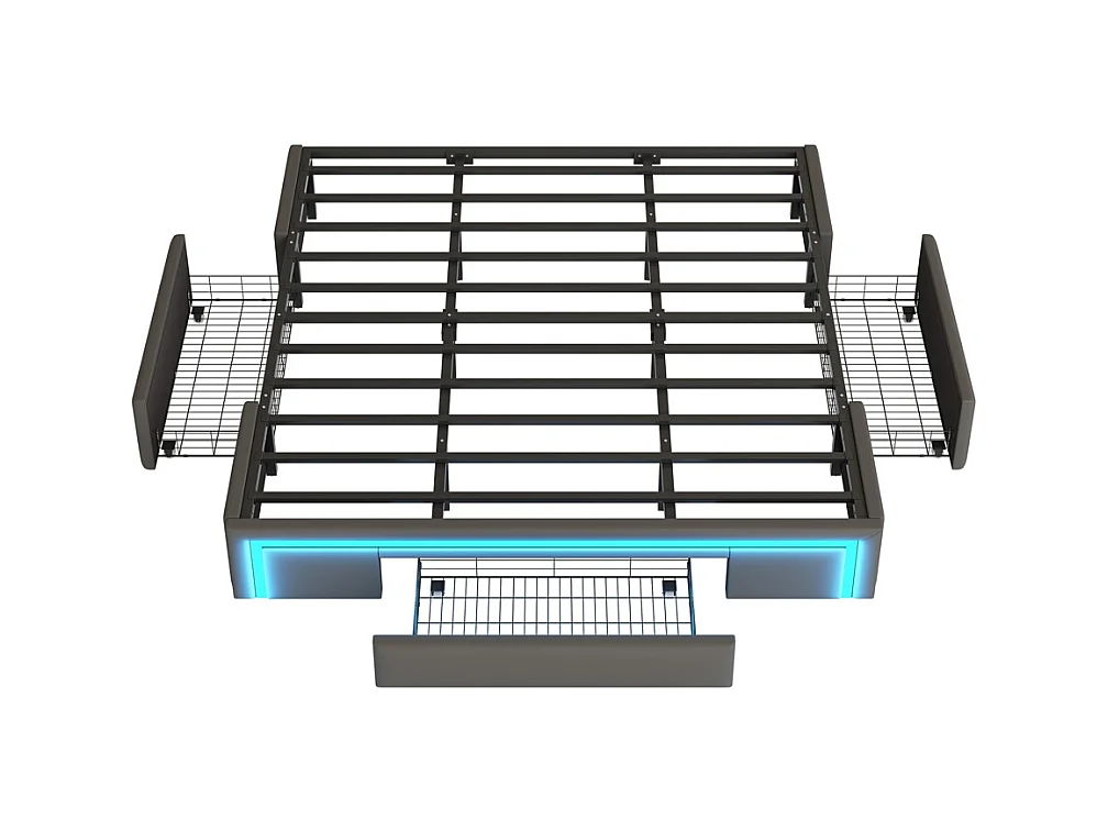 Volwassenenbed 180 x 200 cm, met lades, bekleed met PU-leer, zonder hoofdeinde, ledstrip, grijs