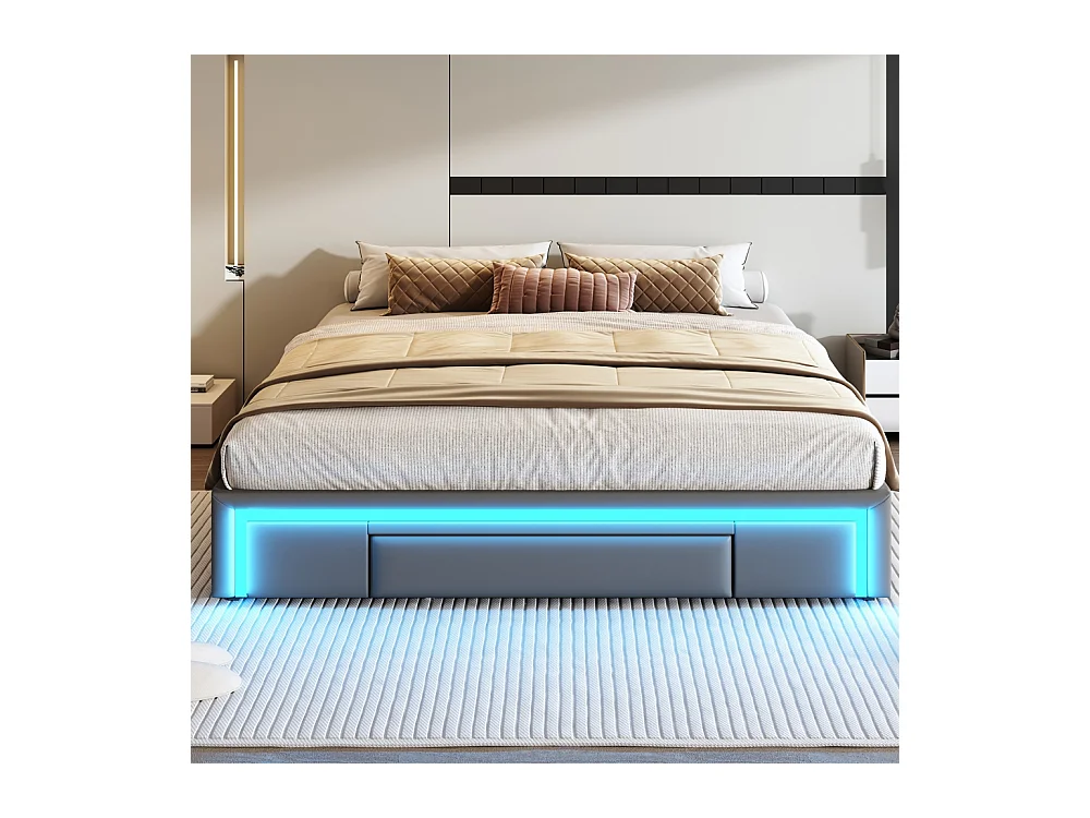 Lit adulte 180 x 200 cm, avec tiroirs, revêtement en cuir PU, sans tête de lit, bande LED,gris