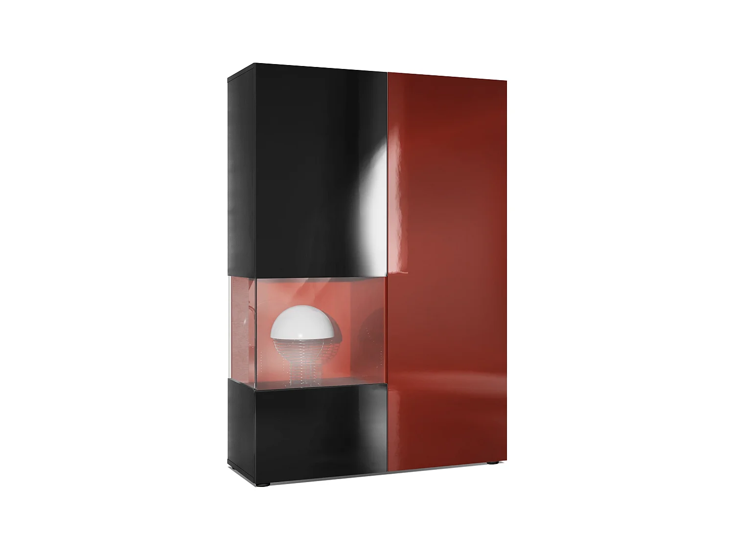 Vitrine Armoire Morena, Corps en Noir mat / Porte droite et insert en Bordeaux haute brillance avec éclairage LED
