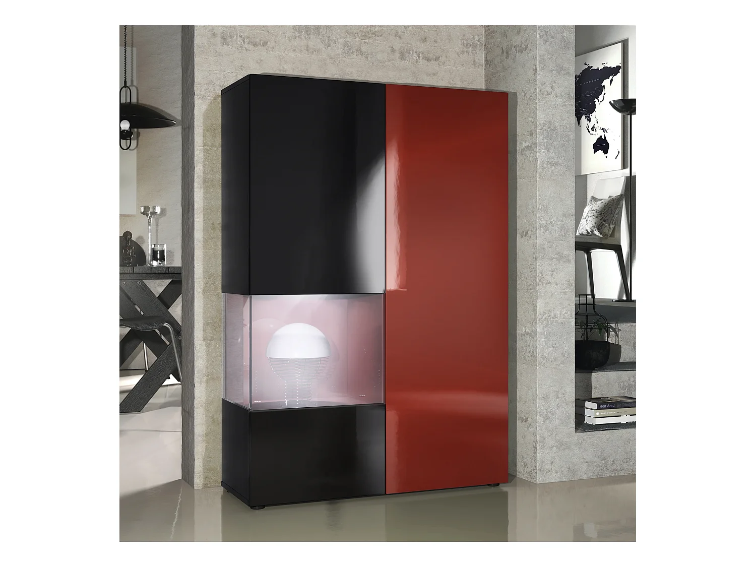 Vitrine Armoire Morena, Corps en Noir mat / Porte droite et insert en Bordeaux haute brillance avec éclairage LED