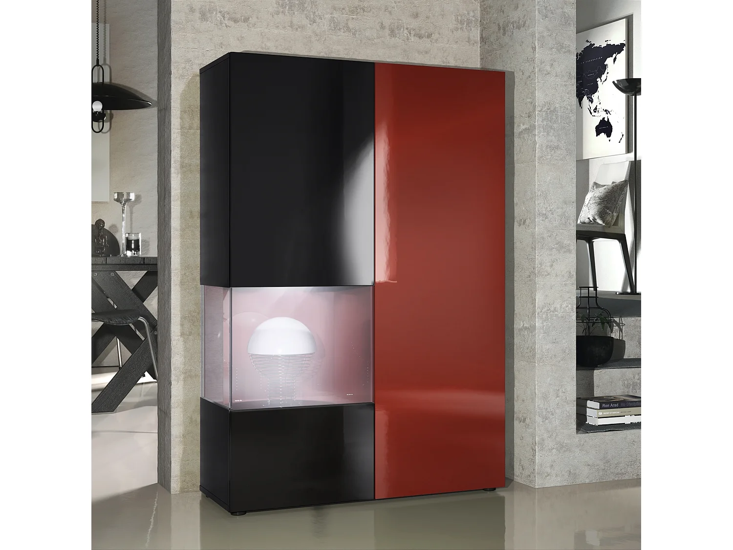 Armadio espositivo alto Morena, struttura in nero opaco / anta destra e inserto in bordeaux lucido con illuminazione a LED