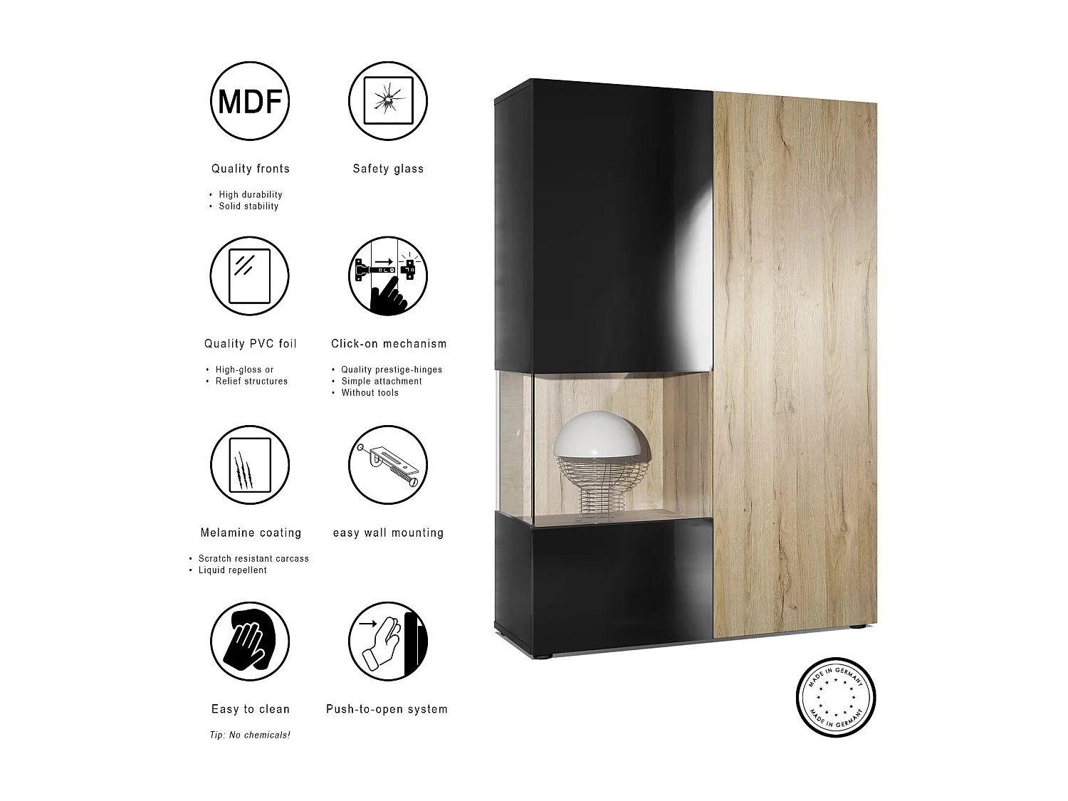 Armadio espositivo alto Morena, struttura in nero opaco / anta destra e inserto in bordeaux lucido con illuminazione a LED