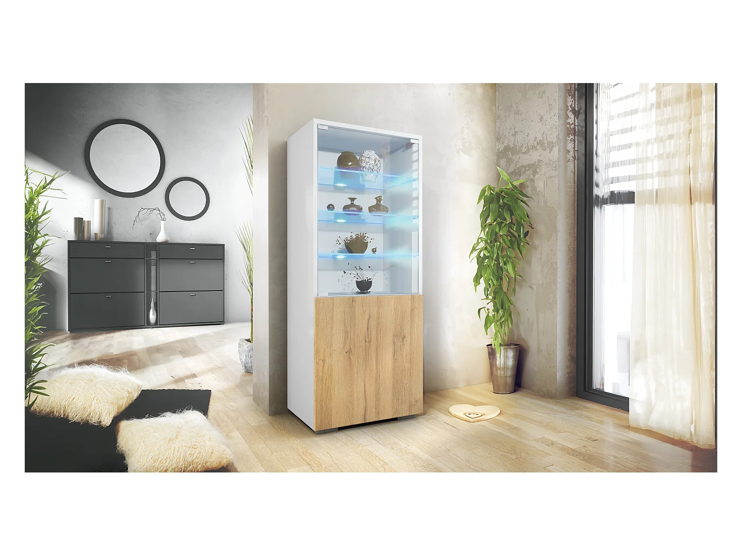 Vitrine Granada de , Armoire Vitrée Made in Germany avec Porte en Verre et Insert en Verre y compris LED, blanc mat/chêne nature (50 x 122,5 x 34,5 cm)